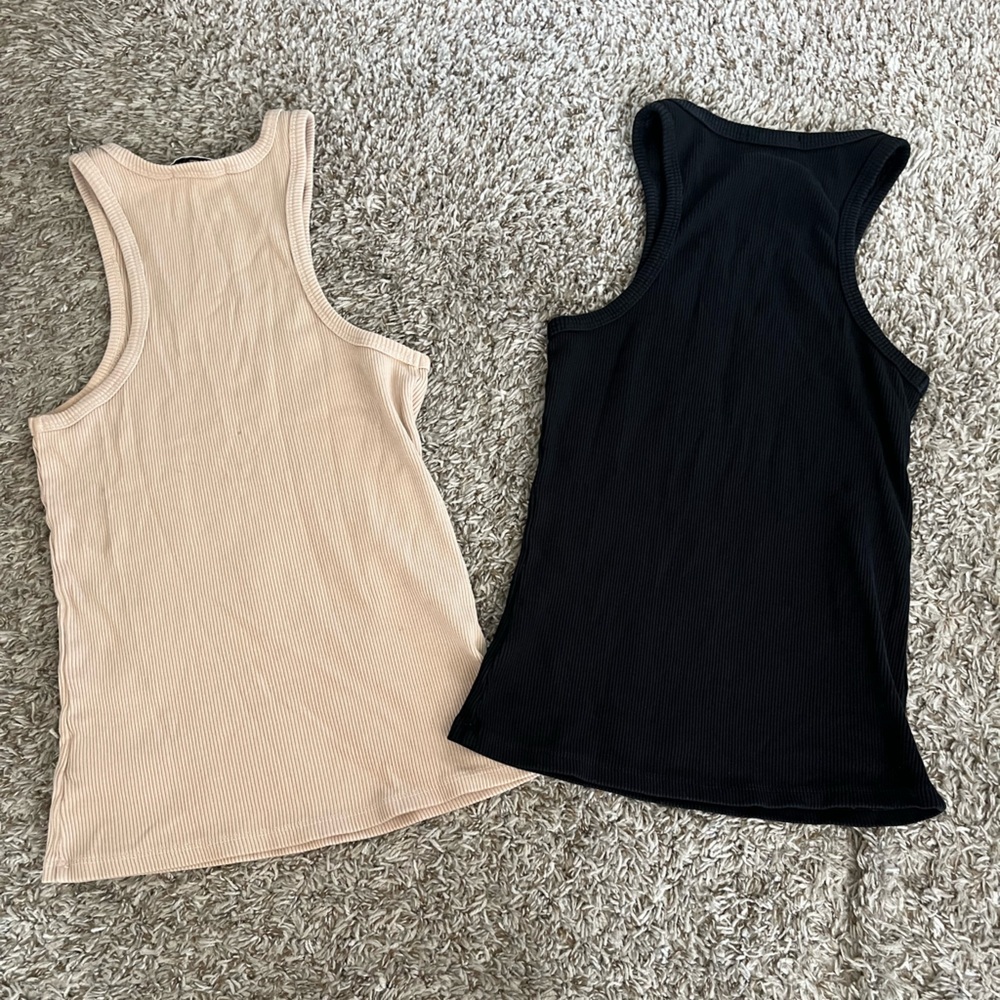 Bundle Agolde Rayne Black Tan Ribbed Cotton Lyocell Blend Tanks Women's Size S - Picture 4 of 16